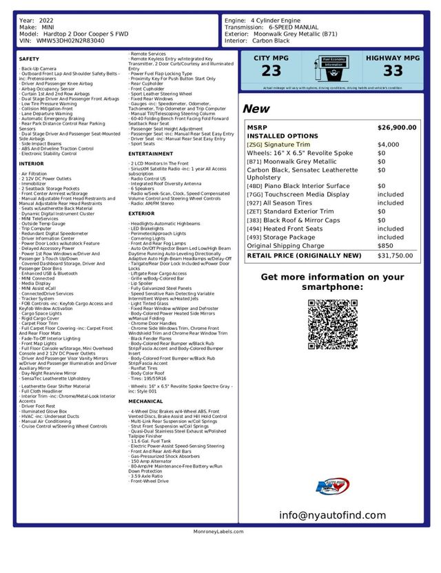 2022 MINI Cooper S Hardtop 2 Door SIGNATURE TRIM, 6-SPD MANUAL, PANORAMIC SUNROOF, HEATED SEATS - 23091336 - 13