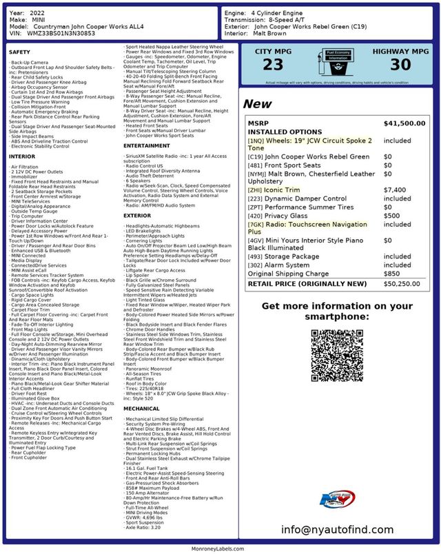 2022 MINI John Cooper Works CLEAN CARFAX, AWD, PAN SUNROOF, NAVI, JCW WHEELS, ICONIC TRIM - 22936540 - 25