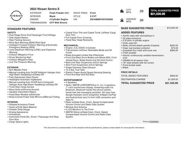 2022 Nissan Sentra S CVT - 23020374 - 2