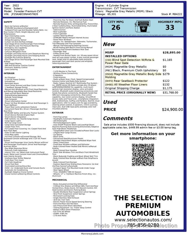 2022 Subaru Forester PREMIUM AWD W/EYESIGHT DRIVERS SYSTEM STARLINK, BLIND SPOT - 22996231 - 2