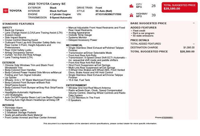 2022 Toyota Camry SE Automatic - 22983931 - 2