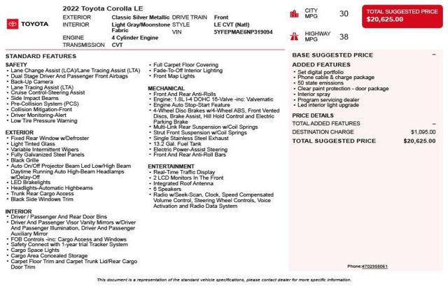 2022 Toyota Corolla LE CVT - 22960291 - 2