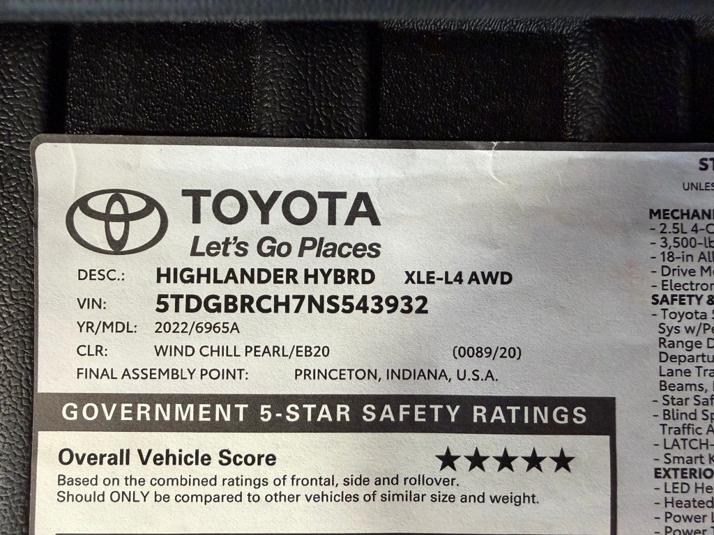 2022 Toyota Highlander Hybrid XLE AWD - 23015206 - 52