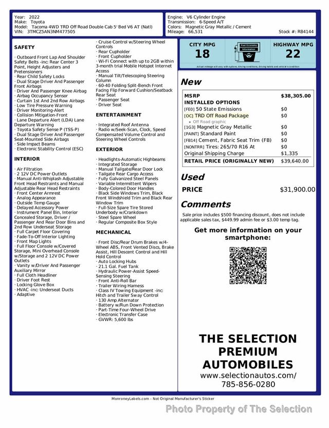 2022 Toyota Tacoma 4WD TRD OFF ROAD DOUBLE CAB V6 4WD - 22940144 - 1