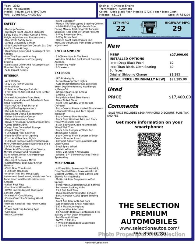 2022 Volkswagen Tiguan 2.0T S 4MOTION W/FORWARD ASSIST - 22995893 - 2