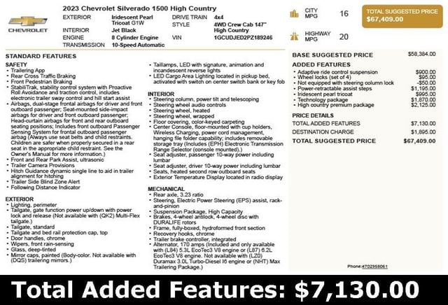 2023 Chevrolet Silverado 1500 4WD Crew Cab 147" High Country - 22951691 - 2