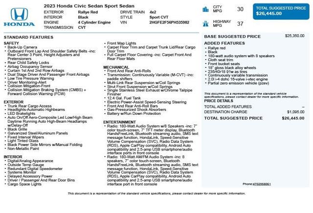 2023 Honda Civic Sedan Sport CVT - 22881867 - 2