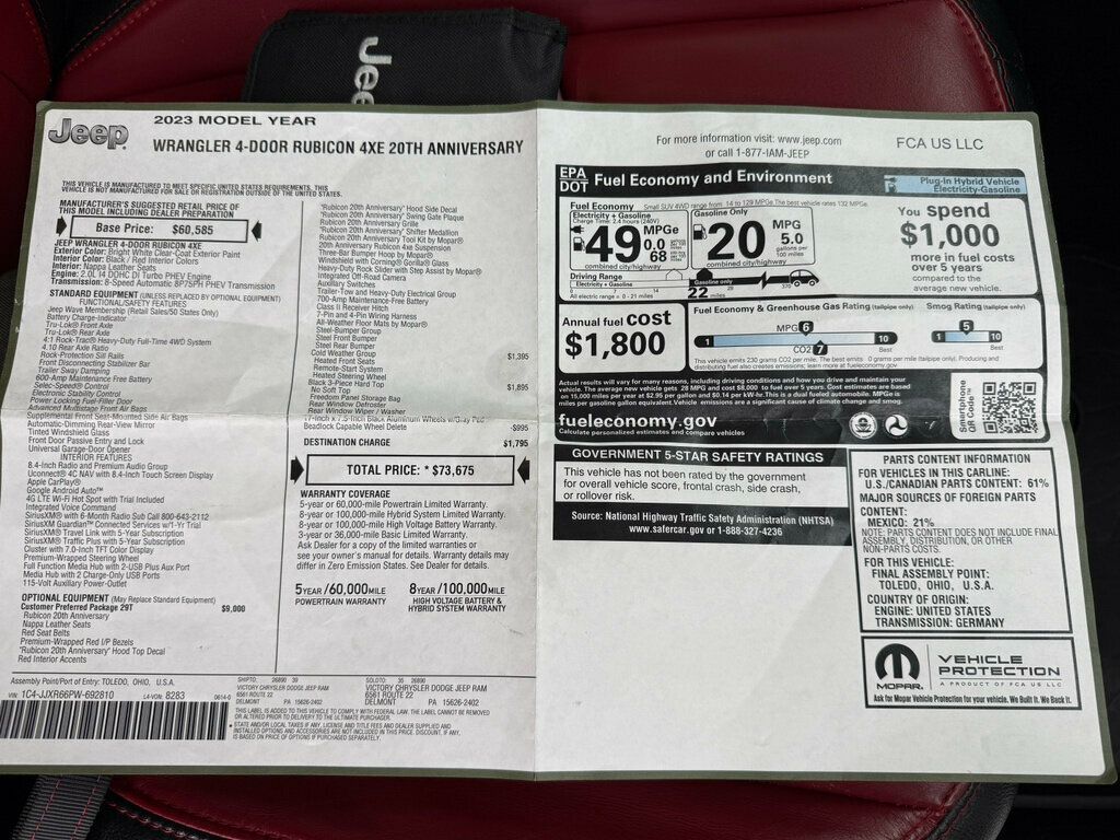 2023 Jeep Wrangler 4xe MSRP $73,675 Rubicon 20th Anniversary 4x4 - 22980112 - 61