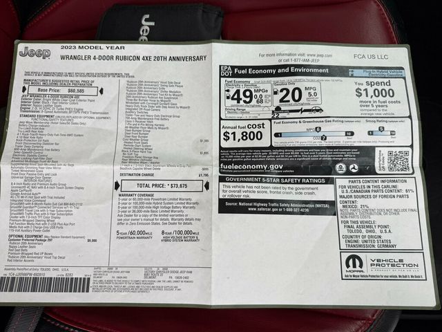 2023 Jeep Wrangler 4xe MSRP $73,675 Rubicon 20th Anniversary 4x4 - 22980112 - 61