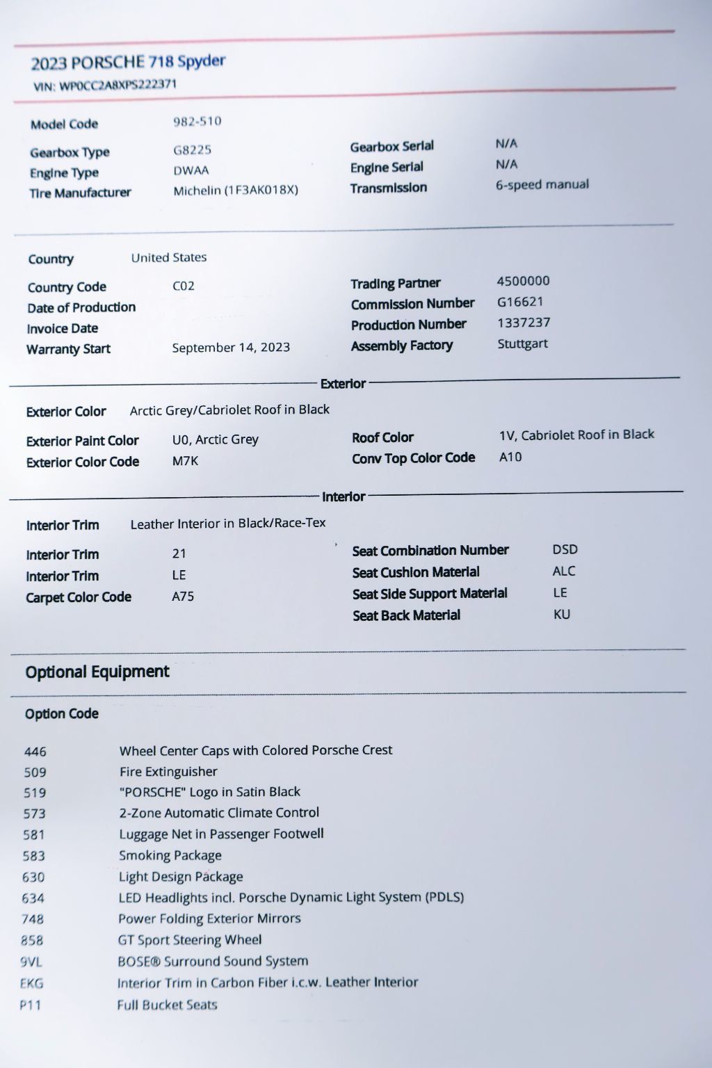 2023 Porsche 718 SPYDER Manual ARCTIC GREY...890 Miles...Rare 6sp Manual  - 22900830 - 17