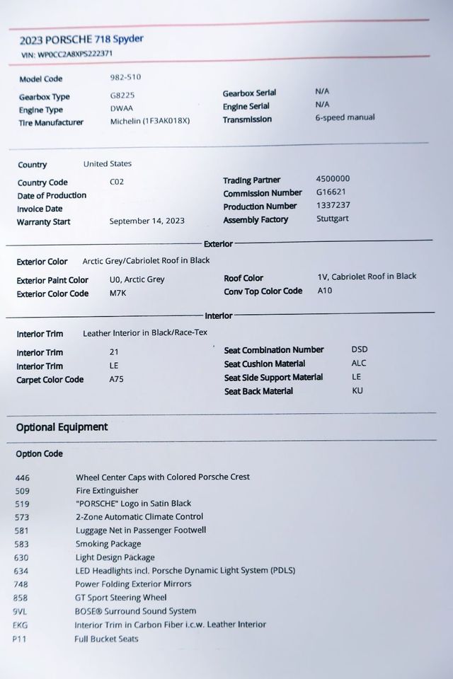 2023 Porsche 718 SPYDER Manual ARCTIC GREY...890 Miles...Rare 6sp Manual  - 22900830 - 17