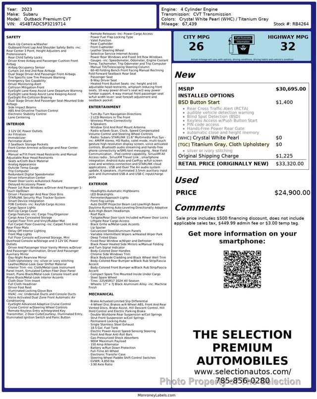 2023 Subaru Outback PREMIUM AWD W/EYESIGHT DRIVERS SYSTEM STARLINK, BLIND SPOT - 23017531 - 2