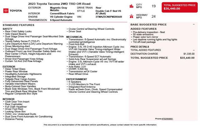 2023 Toyota Tacoma 2WD TRD Off Road Double Cab 5' Bed V6 Automatic - 23020345 - 2