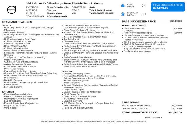 2023 Volvo C40 Recharge Pure Electric Twin eAWD Ultimate - 23075107 - 2