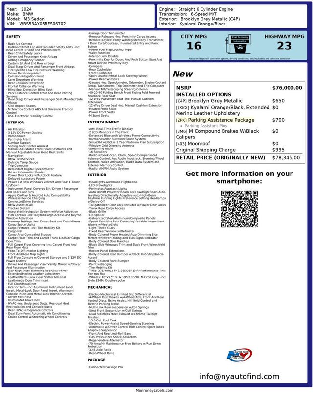 2024 BMW M3 CLEAN CARFAX, 1 OWNER, 6-SPD MANUAL, SUNROOF, NAVI, BACKUP CAM - 23003374 - 25