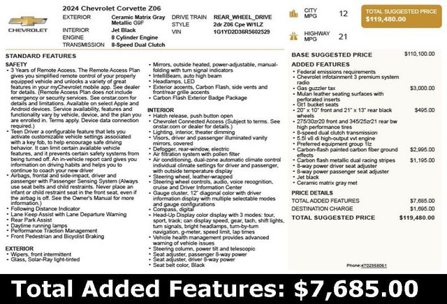 2024 Chevrolet Corvette 2dr Z06 Coupe w/1LZ - 22979349 - 2