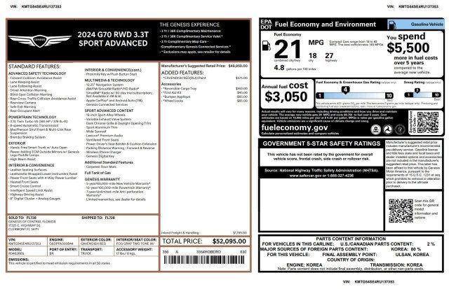 2024 Genesis G70 3.3T Sport Advanced RWD - 23046793 - 9