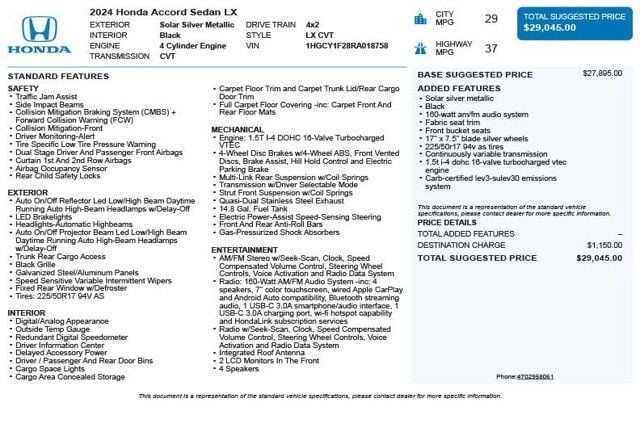 2024 Honda Accord Sedan LX CVT - 23048131 - 2