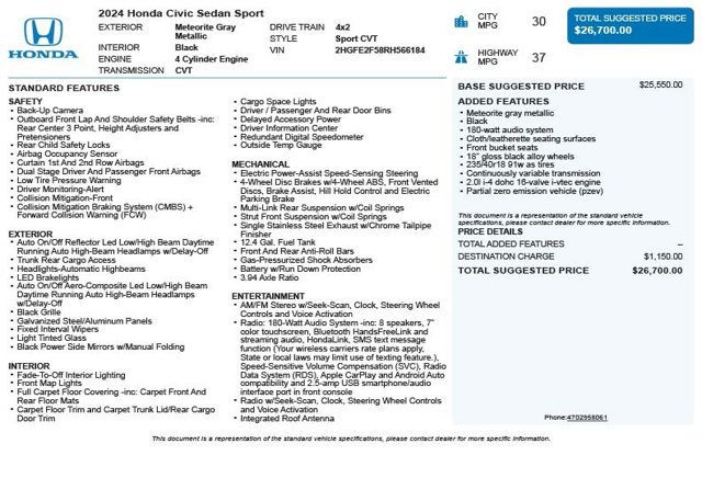 2024 Honda Civic Sedan Sport CVT - 22923972 - 2