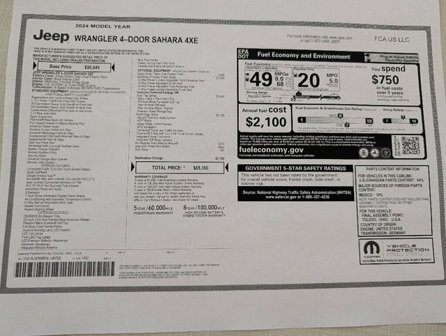 2024 Jeep Wrangler 4xe Sahara with Factory Hard Top and Soft Top $65,350 MSRP - 22986887 - 65