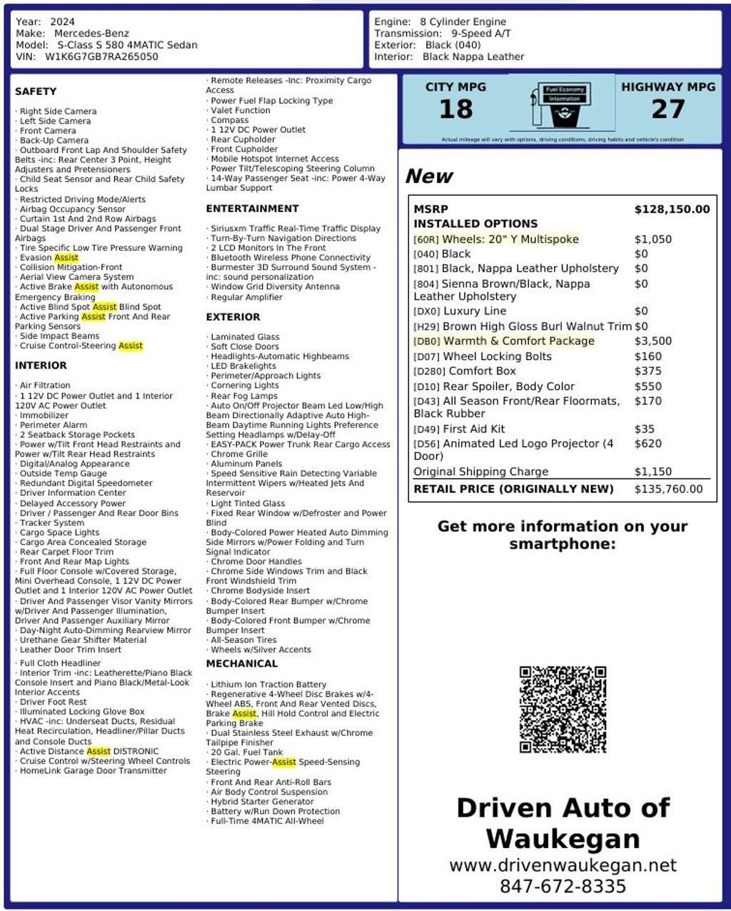 2024 Mercedes-Benz S-Class S 580 4MATIC Sedan - 23066891 - 2