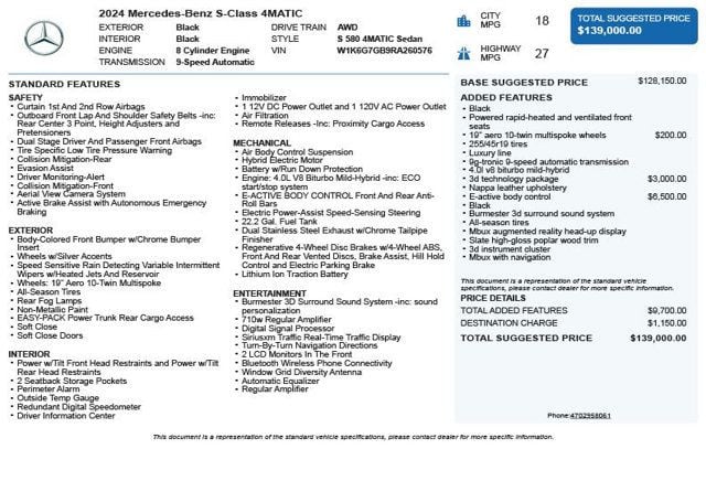 2024 Mercedes-Benz S-Class S 580 4MATIC Sedan - 22991910 - 2