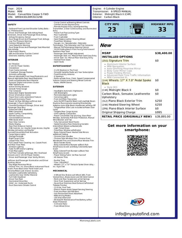 2024 MINI Cooper S Convertible CLEAN CARFAX, 1 OWNER, CONVERTIBLE, 6-SPD MANUAL, SIGNATURE TRIM - 23083140 - 25