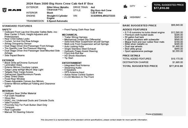 2024 Ram 3500 Big Horn 4x4 Crew Cab 8' Box - 23050743 - 2