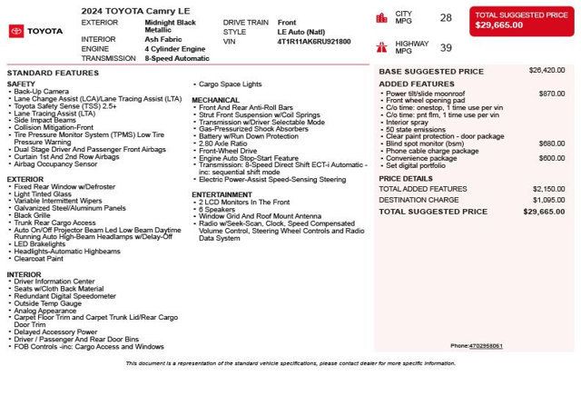 2024 Toyota Camry LE Automatic - 23030575 - 2