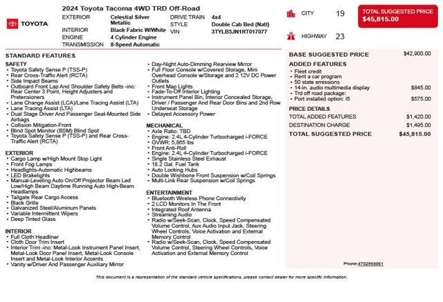 2024 Toyota Tacoma 4WD TRD Off Road Double Cab 5' Bed MT - 23007620 - 2