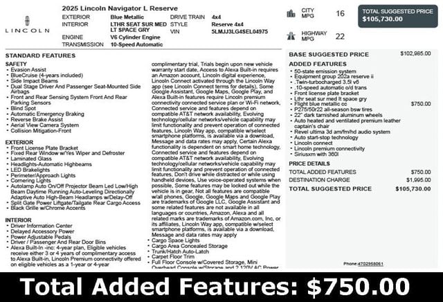2025 Lincoln Navigator L Reserve 4x4 - 22963522 - 2