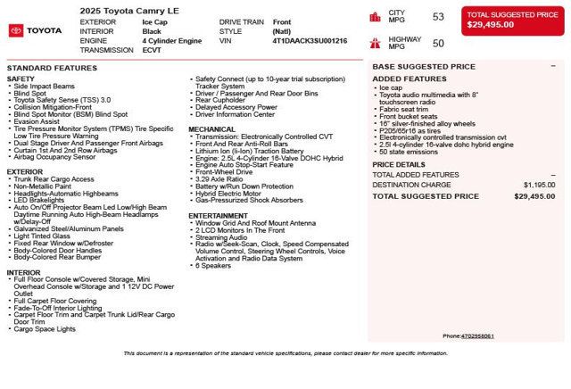 2025 Toyota Camry LE - 23010237 - 2