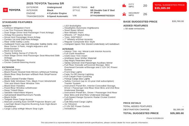 2025 Toyota Tacoma 2WD SR Double Cab 5' Bed Automatic - 23086048 - 2