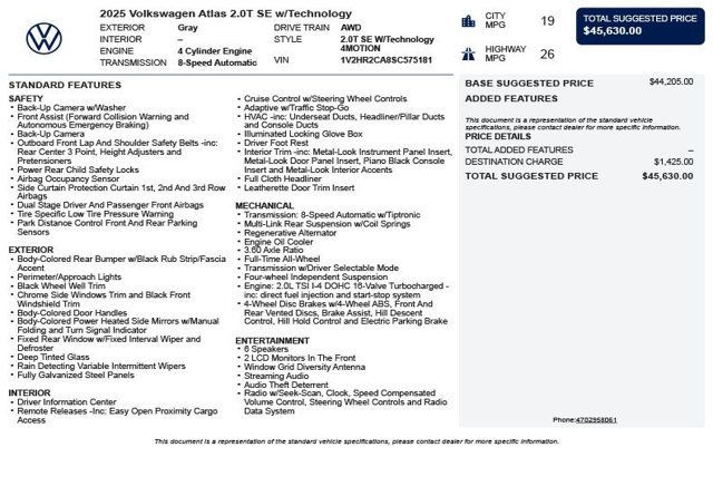 2025 Volkswagen Atlas 2.0T SE w/Technology 4MOTION - 23033325 - 2