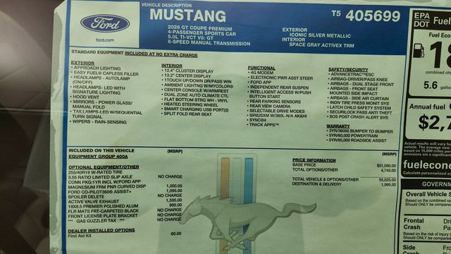 2026 Ford Mustang GT Premium Fastback w/ Active Valve Exhaust, Co-Pilot360 Assist+ - 23019275 - 25