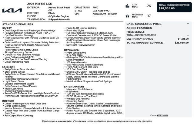 2026 Kia K5 LXS Automatic FWD - 23054252 - 2